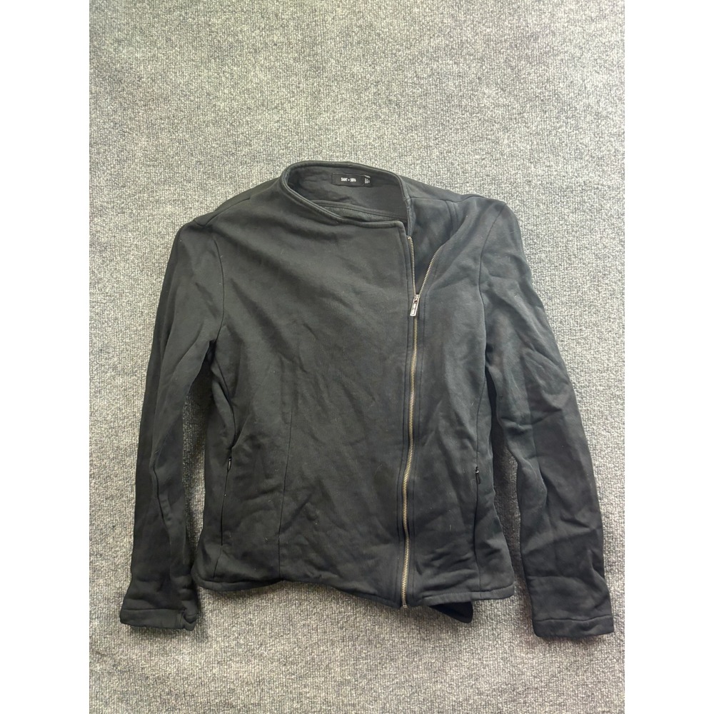Saint + Sofia Moto Jacket Women Size 10 Black Organic Cotton Asymmetric Zip